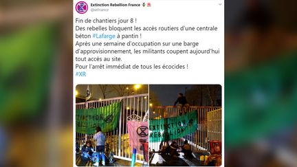 Des militants de l'association Extinction Rebellion ont de nouveau réalisé une opération devant le site du cimentier Lafarge, à Pantin (Seine-Saint-Denis). (CAPTURE D'ÉCRAN TWITTER)