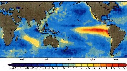 Carte des températures des eaux dans l'océan Pacifique lors du dernier «super-El Nino», en 1997. En rouge, les eaux chaudes transportées dans l'est du Pacifique, tandis que l'Ouest est trop froid pour la saison. (Commons)