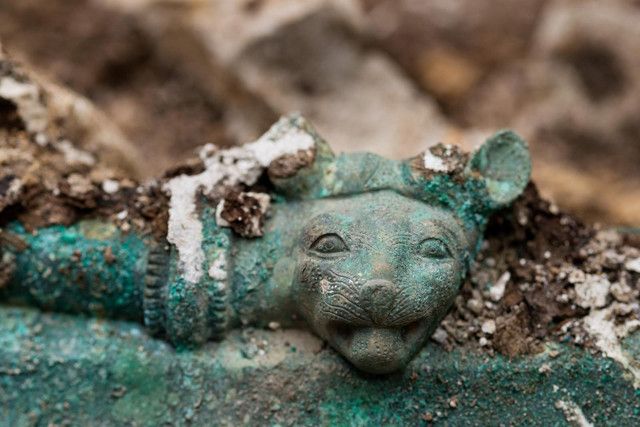 Détail de la tête de félin ornant le bord du chaudron en bronze découvert à Lavau (Aube) en 2015. 
