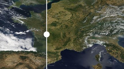 La France à la fin du mois de juillet 2021 (à gauche) et à la fin du mois de juillet 2022 (à droite). (NASA)