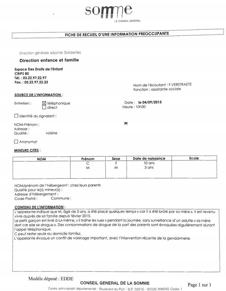 Une fiche de recueil d'information pr&eacute;occupante. (CONSEIL DÉPARTEMENTAL DE LA SOMME)