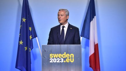 Le ministre des Finances, Bruno Le Maire, le 29 avril 2023 à Stockholm (Suède), lors d'une réunion avec ses homologues de l'Union européenne. (CAISA RASMUSSEN / TT NEWS AGENCY / AFP)