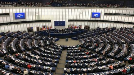 L'hémicycle du Parlement européen à Strasbourg (Bas-Rhin). (JULIEN PASQUALINI / RADIO FRANCE)