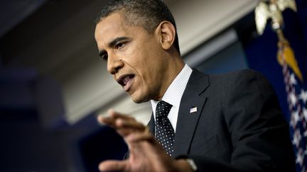 Le pr&eacute;sident Barack Obama condamne en conf&eacute;rence de presse les propos du r&eacute;publicain Todd Akin, le 20 aout 2012 &agrave; la Maison Blanche, &agrave; Washington (Etats-Unis). (BRENDAN SMIALOWSKI / AFP)