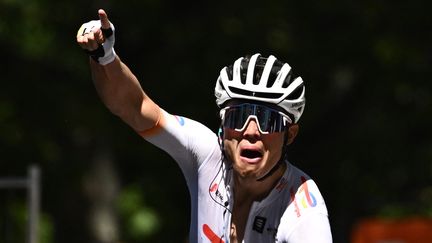 Valentin Ferron, vainqueur à Gap lors de la sixième étape du Critérium du Dauphiné, le 10 juin 2022. (MARCO BERTORELLO / AFP)