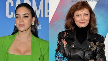 A gauche, la comédienne Melissa Barrera assiste à la première du film "Carmen" le 20 avril 2023 à Hollywood, Californie (États-Unis). À droite, l'actrice Susan Sarandon, le 10 septembre 2018, pendant le Festival international du film de Toronto (Canada). (JEROD HARRIS / GETTY IMAGES NORTH AMERICA / AFP / CHARLEY GALLAY / AT&T / DIRECTV)