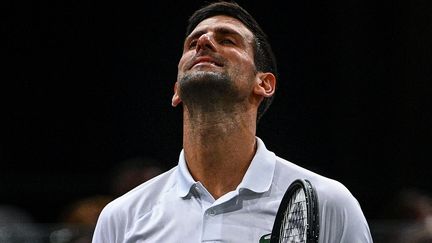 Le soulagement de Novak Djokovic après sa victoire contre Daniil Medvedev en finale du Masters 1000 de Paris-Bercy, le 7 novembre.&nbsp; (CHRISTOPHE ARCHAMBAULT / AFP)