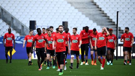 L'équipe des Herbiers lors d'un entraînement avant la finale de la Coupe de France, le 7 mai 2018 au Stade de France à Saint-Denis (Seine-Saint-Denis).&nbsp; (FRANCK FIFE / AFP)