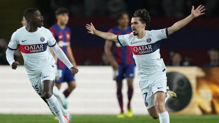 Vitinha celebrates his goal with PSG in the quarter-final second leg of the Champions League against FC Barcelona, ​​April 16, 2024, at the Montjuïc Olympic stadium.  (MAXPPP)