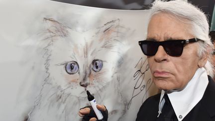 Le couturier Karl Lagerfeld &agrave; c&ocirc;t&eacute; d'un dessin de son chat Choupette, le 3 f&eacute;vrier 2015 &agrave; Berlin (Allemagne). (JENS KALAENE / DPA / AFP)