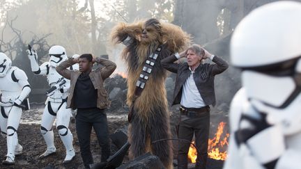 John Boyega (G), Peter Mayhew (C) et Harrison Ford (D) dans Star Wars VII : Le Réveil de la Force. (Lucasfilm Ltd. & TM / THE WALT DISNEY COMPANY)