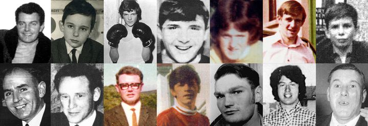 Les quatorze victimes du Bloody Sunday, de haut en bas et de gauche à droite : Patrick Doherty, Gerald Donaghey, Jackie Duddy, Hugh Gilmour, Michael Kelly, Michael McDaid, Kevin McElhinney, Bernard McGuigan, Gerard McKinney, William McKinney, William Nash, Jim Wray, John Young et John Johnston. (MUSEUM OF FREE DERRY)