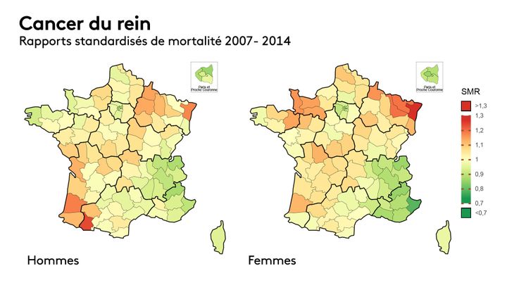 La carte de la surmortalité des cancers du rein en France entre 2007 et 2016 (rapports standardisés, source : Santé publique France). (FRANCEINFO)