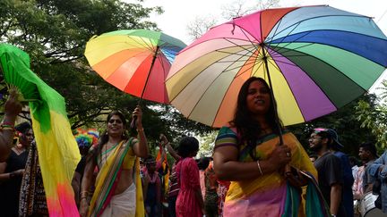 Des membres de la communauté LGBT indienne à Chennai (Inde), le 25 juin 2017. (ARUN SANKAR / AFP)