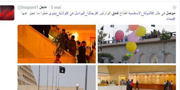 Un tweet saluant la réouverture de l'hôtel
 (capture d&#039;écran du tweet d&#039;un partisan de Daech à Mossoul)