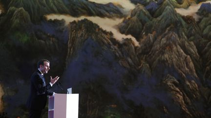 Le président français Emmanuel Macron lors d'un discours au palais de Daminggong, à Xian, lors d'une visite d'Etat en Chine, le 8 janvier 2018. (LUDOVIC MARIN / AFP)