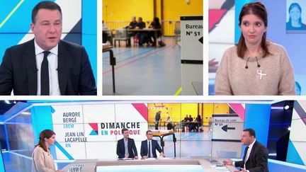 Jean-Lin Lacapelle, délégué national du Rassemblement national, et Aurore Bergé, porte-parole de La République en marche, sont présents sur le plateau de Dimanche en politique. (France 3)