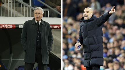 Carlo Ancelotti et Pep Guardiola s'affrontent en demi-finale de Ligue des champions 2022. (BURAK AKBULUT / ANADOLU AGENCY / ANADOLU AGENCY VIA AFP / NIGEL KEENE / PROSPORTSIMAGES / DPPI VIA AFP)