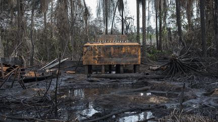 Raffinerie clandestine détruite par des membres de l'armée nigériane le 19 avril 2017. C'est un site&nbsp;similaire qui a explosé accidentellement le 22 avril 2022 dans le sud du Nigeria. (STEFAN HEUNIS / AFP)