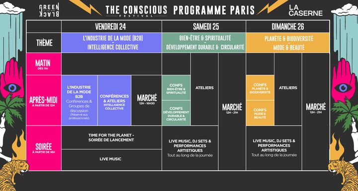 Tableau de présentation de la programmation du Conscious Festival 2021 à la Caserne, à Paris (Courtesy of Conscious Festival)