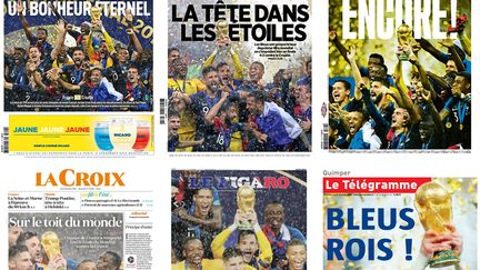 Plusieurs&nbsp;titres de la presse nationale, régionale et étrangère, le 16 juillet 2018, au lendemain de la victoire de la France en Coupe du monde.&nbsp; (CAPTURES D'ECRAN / FRANCEINFO)