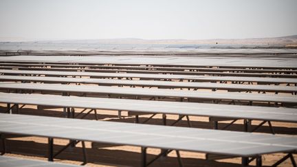 Vue des panneaux solaires de la centrale de Benban dans le sud de l'Egypte en 2018. (OLIVER WEIKEN / DPA / AFP)