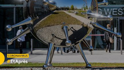 Sculpture "The Pathogen" de l'artiste Götz Lemberg à l'hôpital de Regensburg (Allemagne).&nbsp; (ARMIN WEIGEL / DPA / AFP)