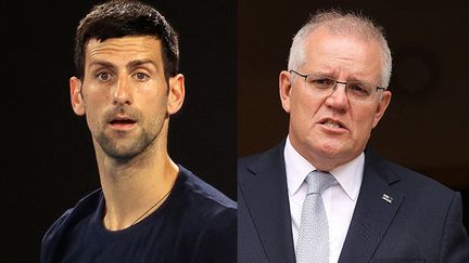 Le tennisman Novak Djokovic (G) et&nbsp;Scott Morrison, le Premier ministre australien (D). (MARTIN KEEP / STRINGER / AFP)
