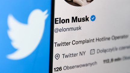 Le profil Twitter d'Elon Musk, son nouveau propriétaire. (JAKUB PORZYCKI / NURPHOTO / AFP)