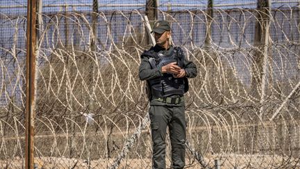 Un membre des forces de sécurité marocaines face au mur de barbelés à l'enclave espagnole de Melilla au Maroc, le 26 juin 2022. (FADEL SENNA / AFP)