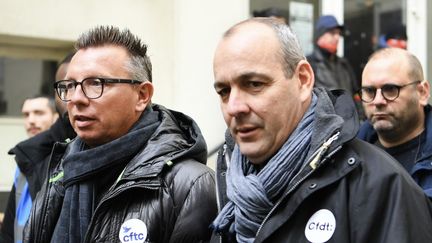 Le président de la CFTC, Cyril Chabanier, et le secrétaire général de la CFDT, Laurent Berger, à Paris, le 11 février 2023. (BERTRAND GUAY / AFP)