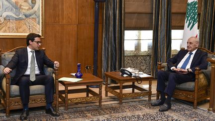 Lebanese Parliament Speaker Nabih Berri (R) meets with French Foreign Minister Stephane Sejourne in Beirut on August 15, 2024. (AFP)