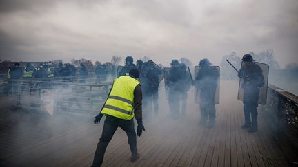 Un "gilet jaune" fait face aux forces de l'ordre, lors de l'Acte VIII du&nbsp;5 janvier 2019 à Paris. (Abdul Abeissa / AFP)