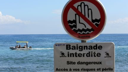 Un panneau de signalisation avertit les baigneurs du danger li&eacute;&agrave; la pr&eacute;sence de requins dans les eaux de La R&eacute;union, sur la plage de&nbsp;Saint-Leu, le 6 ao&ucirc;t 2012. (RICHARD BOUHET / AFP)