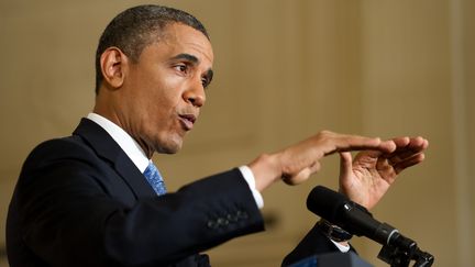 Barack Obama, le pr&eacute;sident am&eacute;ricain, s'exprime durant une conf&eacute;rence de presse &agrave; Washington, le 14 janvier 2013. (JIM WATSON / AFP)