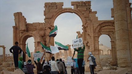 Des opposants au r&eacute;gime de Bachar Al-Assad brandissent des panneaux et des drapeaux syriens pr&egrave;s des ruines de Palmyre (Syrie), le 28 octobre 2011. (PANAGIOTIS TZAMAROS / REUTERS)