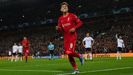 Roberto Firmino après son premier but face au Benfica Lisbonne,&nbsp;lors du quart de finale retour de Ligue des champions, le 13 avril 2022 à Anfield. (PAUL ELLIS / AFP)