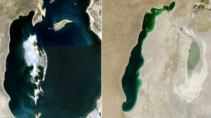 Cet avant-après montre la mer d'Aral en septembre 2008 (à gauche) puis en septembre 2013 (à droite).&nbsp; (NASA / AFP)