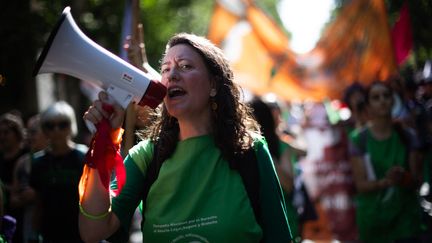 Une femme manifeste lors de la journée internationale pour l'élimination de la violence à l'égard des femmes, le 25 novembre 2023 à Buenos Aires. (TOMAS CUESTA / AFP)