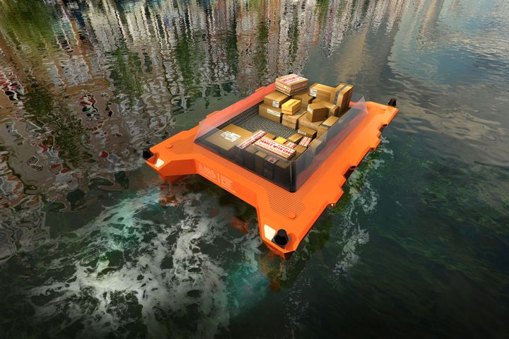 Une image conceptuelle montrant un "roboat" transportant des colis sur un canal d'Amsterdam.&nbsp; (MIT Senseable City Lab / AMS Institute)