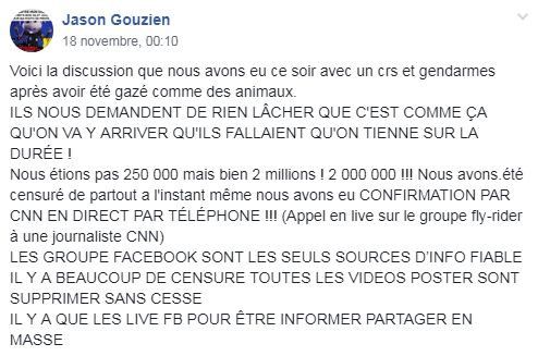 Capture d'écran d'un post paru sur le groupe Facebook "La France en colère - Carte des rassemblements". (DR)