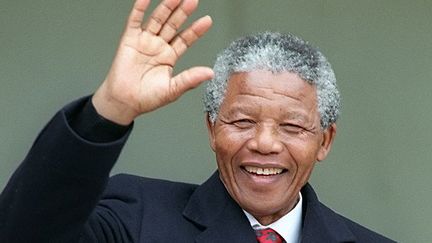 Nelson Mandela sur le perron de l'Elysée, à Paris, le 7 juin 1990. (AFP / Daniel Janin - Michel Clément)