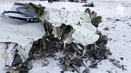 Les débris de l'avion militaire russe près de la frontière ukrainienne, le 25 janvier 2024. (RUSSIAN INVESTIGATIVE COMMITTEE / ANADOLU / AFP)