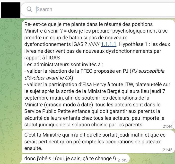 Victor Castanet, auteur du livre Les Ogres confirme, documents à l'appui, "l'entente" entre Aurore Bergé, députée Ensemble pour la République, et Elsa Hervy, déléguée générale de la Fédération française des entreprises de crèches, pour "étouffer l'incendie et s'épargner mutuellement" sur les crèches privées. (CAPTURE D'ECRAN WHATSAPP / VICTOR CASTANET / FRANCEINFO)