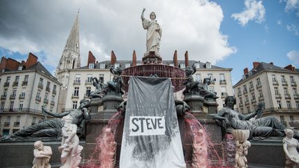 Un colorant rouge a été déversé par des manifestants dans une fontaine à Nantes (Loire-Atlantique), le 30 juillet 2019, au lendemain de la découverte du corps de Steve Maia Caniço dans la Loire. (LOIC VENANCE / AFP)