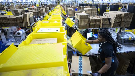 Une employée de l'entreprise Amazon, le 5 février 2019, dans un&nbsp;centre de&nbsp;traitement à&nbsp;Staten Island, aux Etats-Unis. (JOHANNES EISELE / AFP)