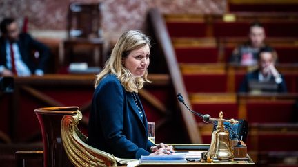 La président de l'Assemblée nationale, Yaël Braun-Pivet, en séance dans l'Hémicycle, le 25 mai 2023. (XOSE BOUZAS / HANS LUCAS / AFP)