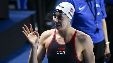 Gretchen Walsh après son 50 m nage libre aux Championnats du monde de natation petit bassin de Budapest, le 14 décembre 2024. (DENES ERDOS/ SIPA)