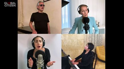 Le ténor Andrea Bocelli, Céline Dion, Lady Gaga et le pianiste Lang Lang interprètent "The Prayer" le 19 avril 2020 pour le concert virtuel One World Together At Home pour Global Citizen et l'OMS. (SAISIE ECRAN YOUTUBE ONE WORLD TOGETHER AT HOME)