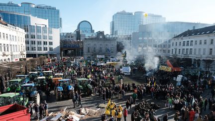 Apres plusieurs semaines de protestations dans differents pays europeens, les agriculteurs et leurs tracteurs manifestent a Bruxelles, le 1er février 2024. (SOPHIE HUGON / HANS LUCAS)